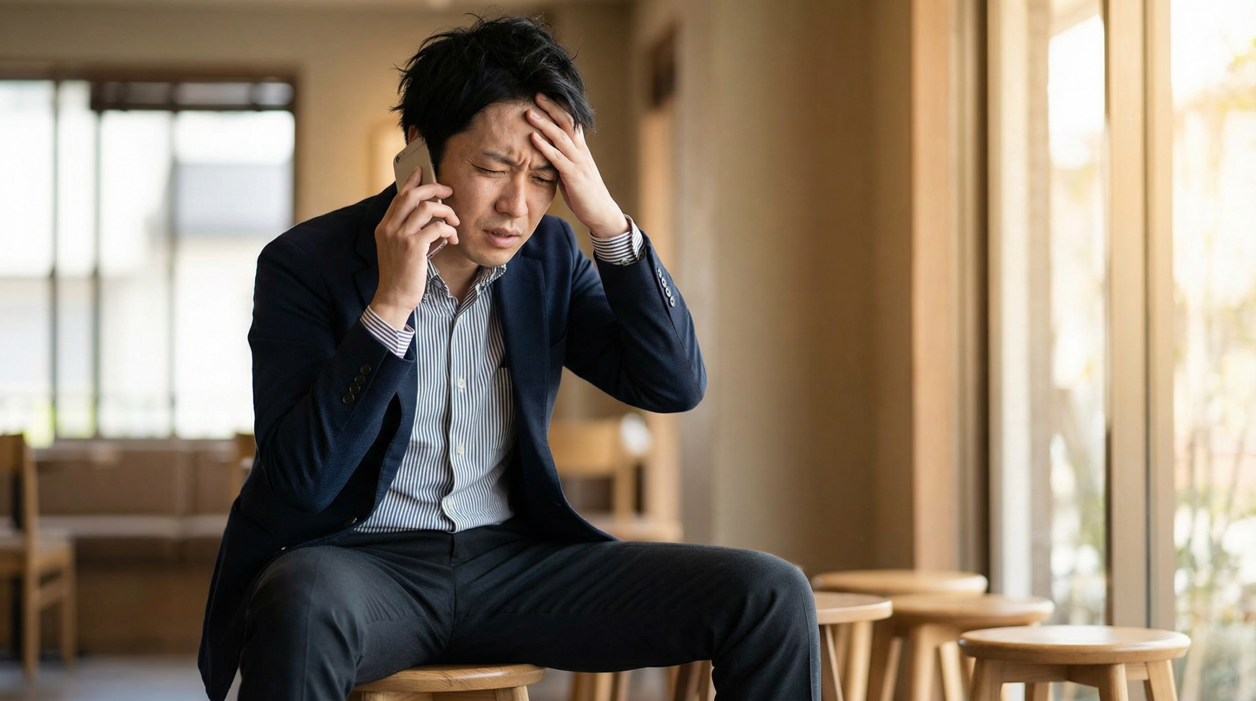 困った表情で電話する日本人男性 - アルファベット発音練習の重要性を示すイメージ